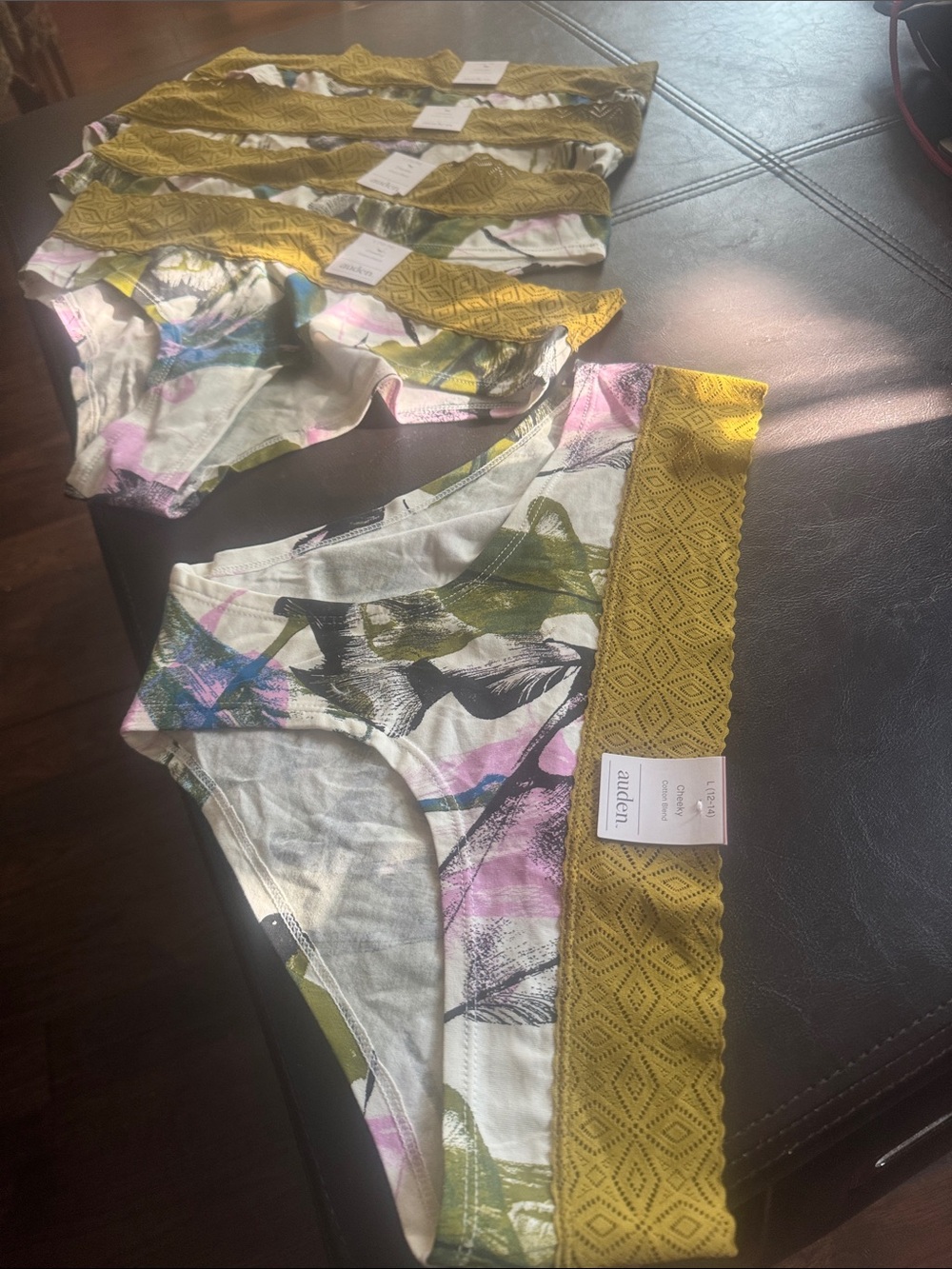 NWT Auden Floral Print Bikini Briefs with Mustard Lace Waistband beautiful sz L